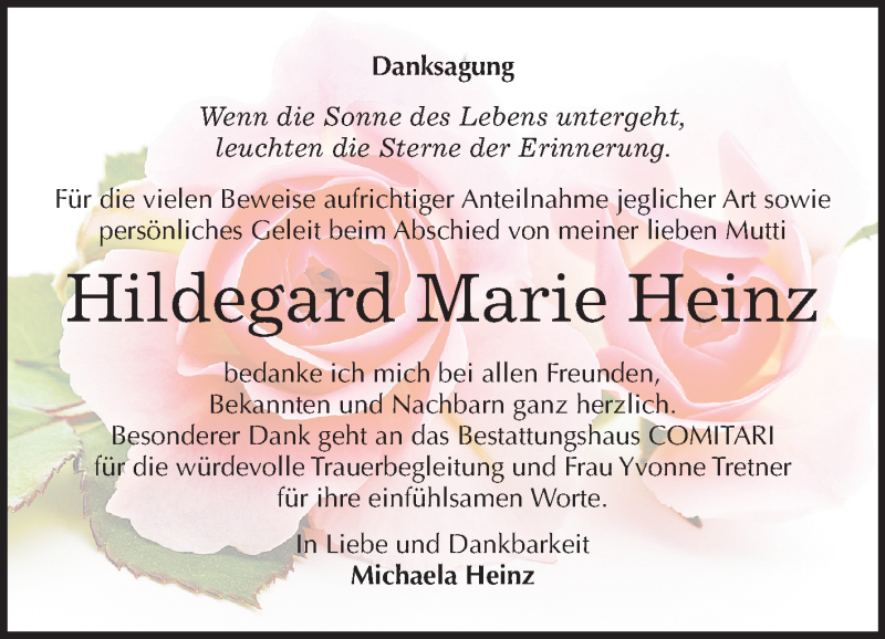  Traueranzeige für Hildegard Marie Heinz vom 15.09.2018 aus Mitteldeutsche Zeitung