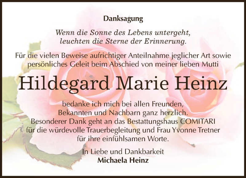  Traueranzeige für Hildegard Marie Heinz vom 15.09.2018 aus Super Sonntag Zeitz