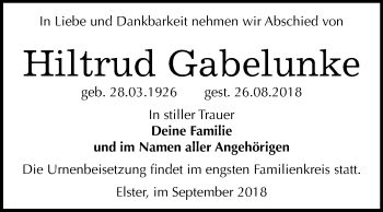 Traueranzeige von Hiltrud Gabelunke von Mitteldeutsche Zeitung