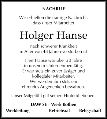 Traueranzeige von Holger Hanse von Mitteldeutsche Zeitung Köthen