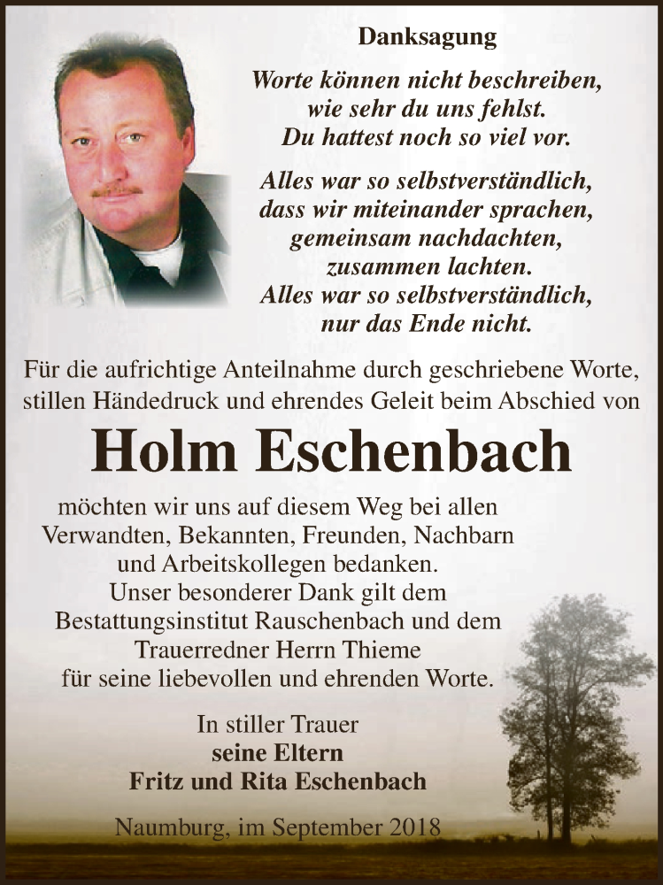  Traueranzeige für Holm Eschenbach vom 26.09.2018 aus WVG - Wochenspiegel NMB / WSF / ZTZ
