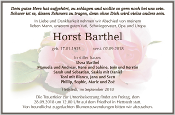 Traueranzeige von Horst Barthel von Wochenspiegel Mansfelder Land