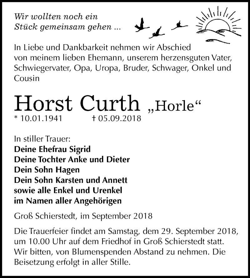  Traueranzeige für Horst Curth vom 15.09.2018 aus Mitteldeutsche Zeitung Aschersleben