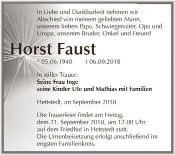 Traueranzeige von Horst Faust von Wochenspiegel Mansfelder Land