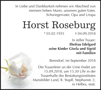 Traueranzeige von Horst Roseburg von Mitteldeutsche Zeitung