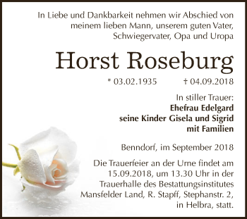 Traueranzeige von Horst Roseburg von Wochenspiegel Mansfelder Land