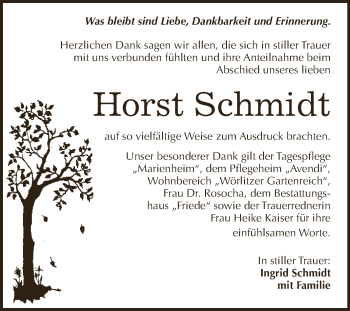 Traueranzeige von Horst Schmidt von WVG - Wochenspiegel Dessau / Köthen
