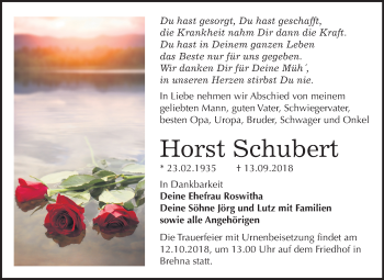 Traueranzeige von Horst Schubert von Mitteldeutsche Zeitung Bitterfeld
