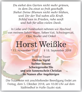 Traueranzeige von Horst Weißke von Mitteldeutsche Zeitung Halle/Saalkreis