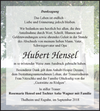 Traueranzeige von Hubert Hensel von Mitteldeutsche Zeitung Bitterfeld