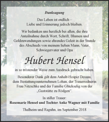Traueranzeige von Hubert Hensel von WVG - Wochenspiegel Bitterfeld