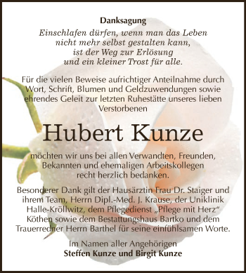 Traueranzeige von Hubert Kunze von WVG - Wochenspiegel Dessau / Köthen