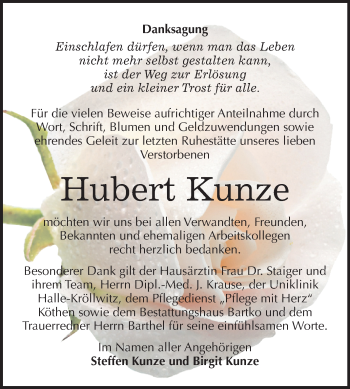 Traueranzeige von Hubert Kunze von Mitteldeutsche Zeitung Köthen