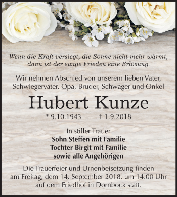 Traueranzeige von Hubert Kunze von Mitteldeutsche Zeitung Köthen