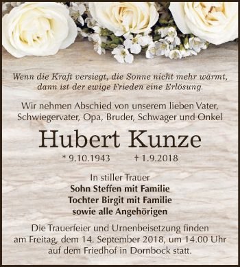 Traueranzeige von Hubert Kunze von WVG - Wochenspiegel Dessau / Köthen