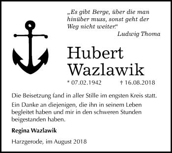 Traueranzeige von Hubert Wazlawik von Mitteldeutsche Zeitung