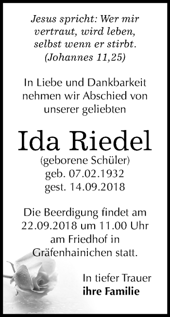 Traueranzeige von Ida Riedel von Mitteldeutsche Zeitung