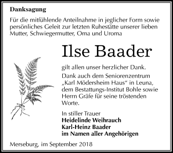 Traueranzeige von Ilse Baader von Mitteldeutsche Zeitung