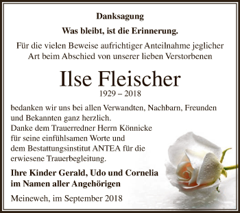 Traueranzeige von Ilse Fleischer von WVG - Wochenspiegel NMB / WSF / ZTZ