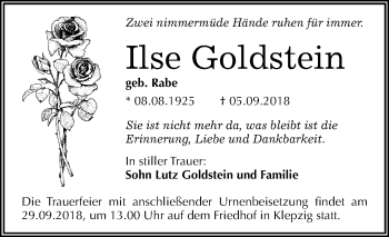 Traueranzeige von Ilse Goldstein von Mitteldeutsche Zeitung Halle/Saalkreis
