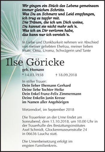 Traueranzeige von Ilse Göricke von Mitteldeutsche Zeitung