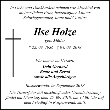 Traueranzeige von Ilse Holze von Mitteldeutsche Zeitung