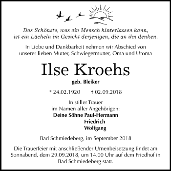 Traueranzeige von Ilse Kroehs von Mitteldeutsche Zeitung