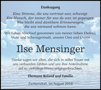 Traueranzeige von Ilse Mensinger von Mitteldeutsche Zeitung Bitterfeld