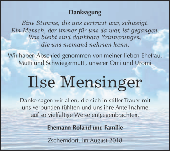 Traueranzeige von Ilse Mensinger von WVG - Wochenspiegel Bitterfeld