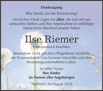 Traueranzeige von Ilse Riemer von WVG - Wochenspiegel Bitterfeld