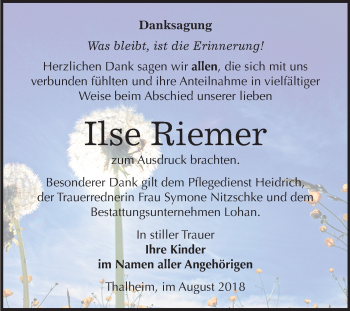 Traueranzeige von Ilse Riemer von Mitteldeutsche Zeitung Bitterfeld