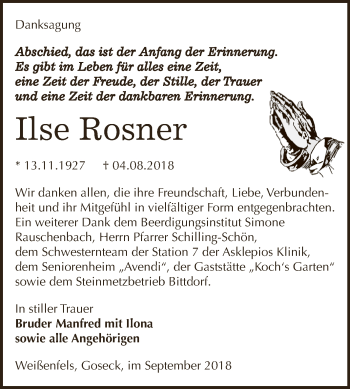 Traueranzeige von Ilse Rosner von WVG - Wochenspiegel NMB / WSF / ZTZ