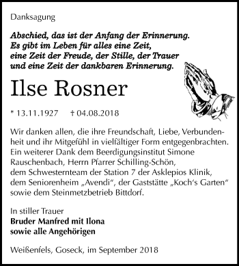 Traueranzeige von Ilse Rosner von Mitteldeutsche Zeitung Weißenfels