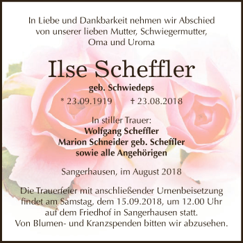 Traueranzeige von Ilse Scheffler von Super Sonntag SGH Mansf. Land