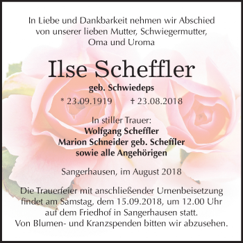 Traueranzeige von Ilse Scheffler von Mitteldeutsche Zeitung Sangerhausen