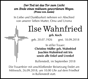 Traueranzeige von Ilse Wahnfried von Mitteldeutsche Zeitung Quedlinburg