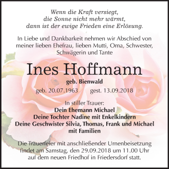 Traueranzeige von Ines Hoffmann von Mitteldeutsche Zeitung Bitterfeld
