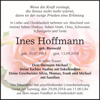 Traueranzeige von Ines Hoffmann von WVG - Wochenspiegel Bitterfeld