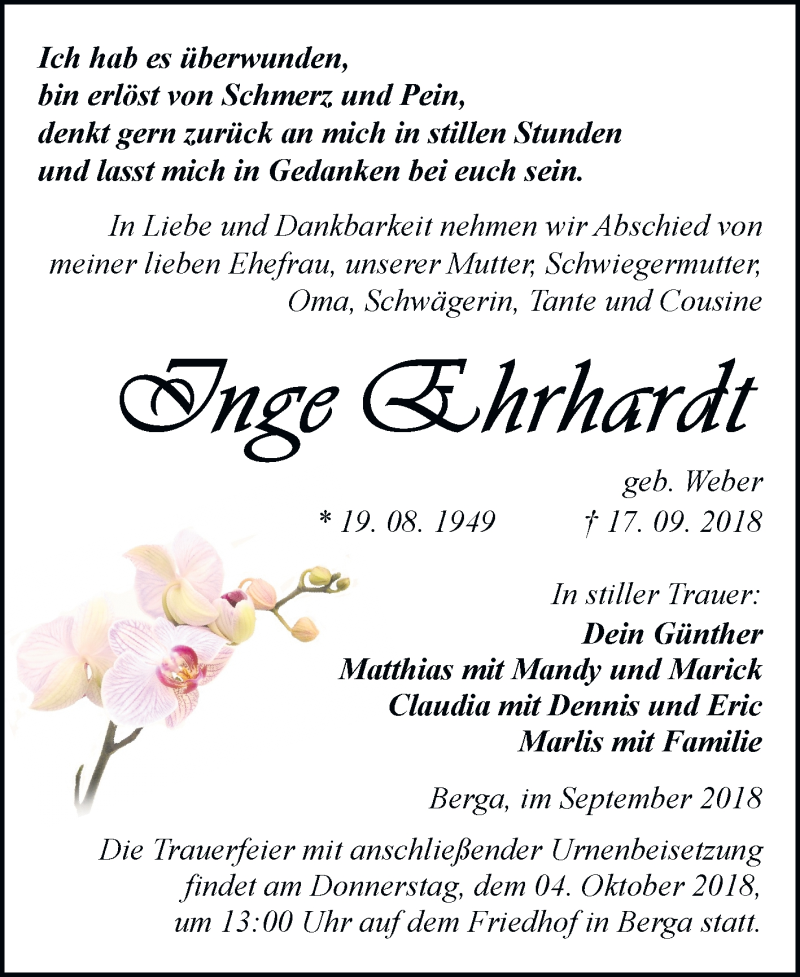  Traueranzeige für Inge Ehrhardt vom 29.09.2018 aus Mitteldeutsche Zeitung