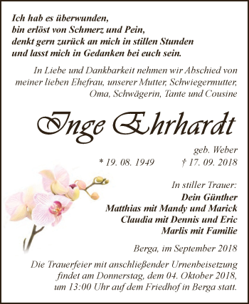 Traueranzeige von Inge Ehrhardt von Super Sonntag SGH Mansf. Land