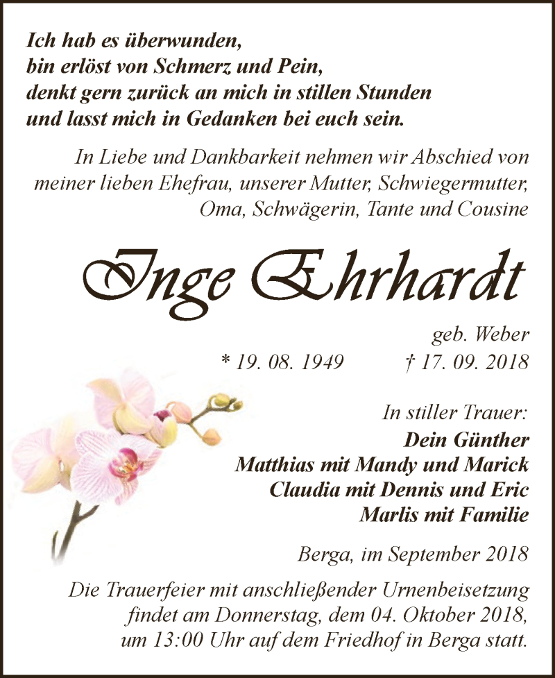  Traueranzeige für Inge Ehrhardt vom 29.09.2018 aus Super Sonntag SGH Mansf. Land