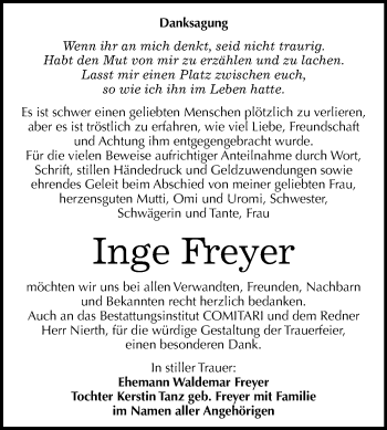 Traueranzeige von Inge Freyer von Mitteldeutsche Zeitung Weißenfels