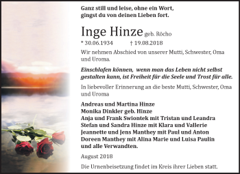 Traueranzeige von Inge Hinze von Mitteldeutsche Zeitung Dessau-Roßlau