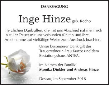 Traueranzeige von Inge Hinze von Mitteldeutsche Zeitung Dessau-Roßlau