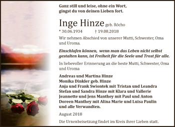 Traueranzeige von Inge Hinze von WVG - Wochenspiegel Dessau / Köthen