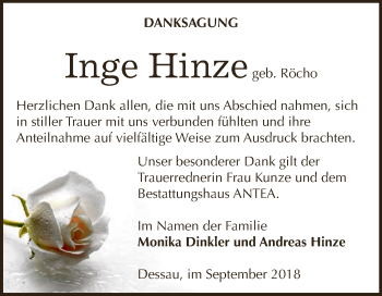 Traueranzeige von Inge Hinze von WVG - Wochenspiegel Dessau / Köthen