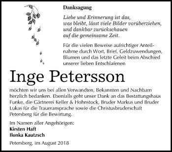 Traueranzeige von Inge Petersson von Mitteldeutsche Zeitung Halle/Saalkreis