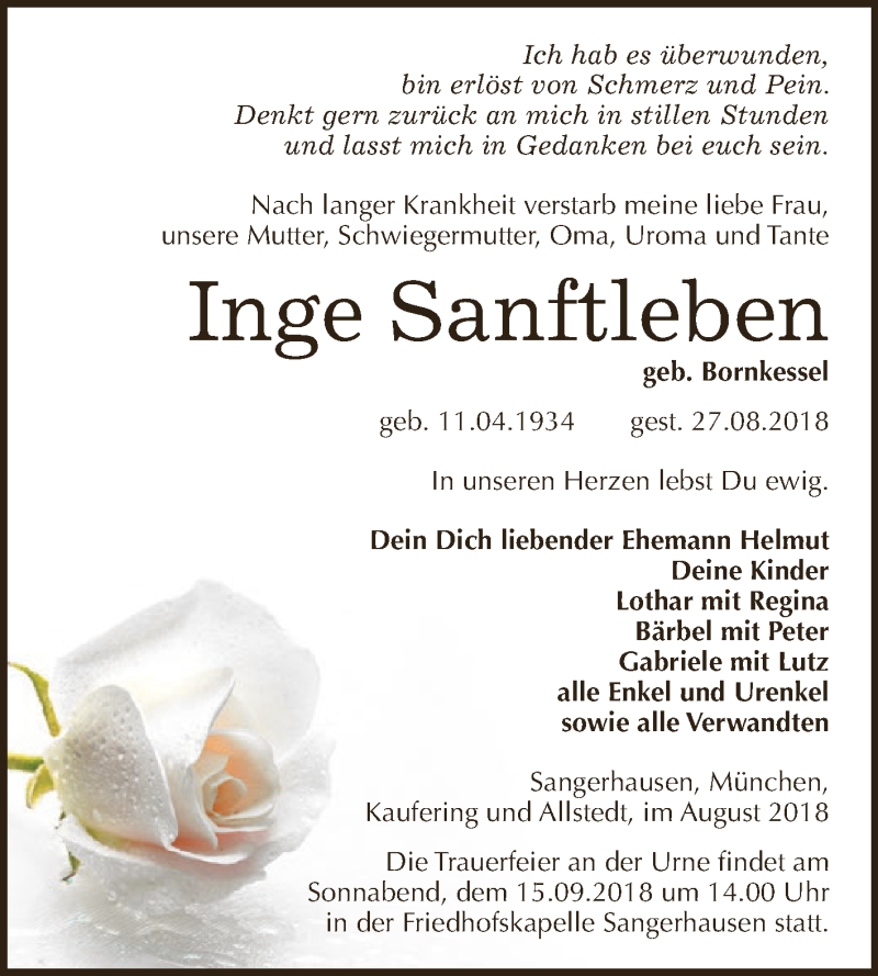  Traueranzeige für Inge Sanftleben vom 01.09.2018 aus Super Sonntag SGH Mansf. Land