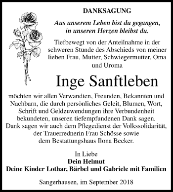 Traueranzeige von Inge Sanftleben von Mitteldeutsche Zeitung Sangerhausen