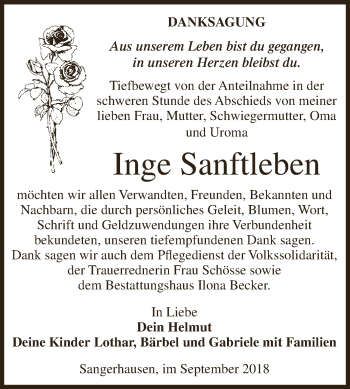 Traueranzeige von Inge Sanftleben von Super Sonntag SGH Mansf. Land